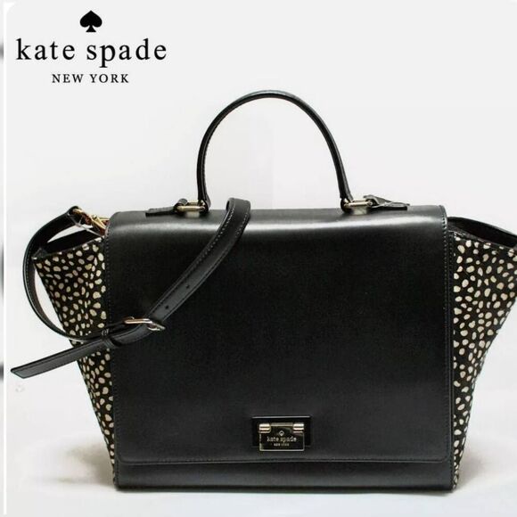 kate spade Handbags - Kate Spade Black Leather Haircalf Spotted Satchel RARE
